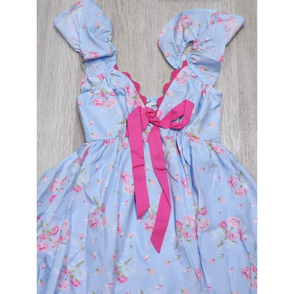 Rareraw Tutu Dress Girls S Sky Blue Pink Floral Flutter Polyester Off-Shoulder